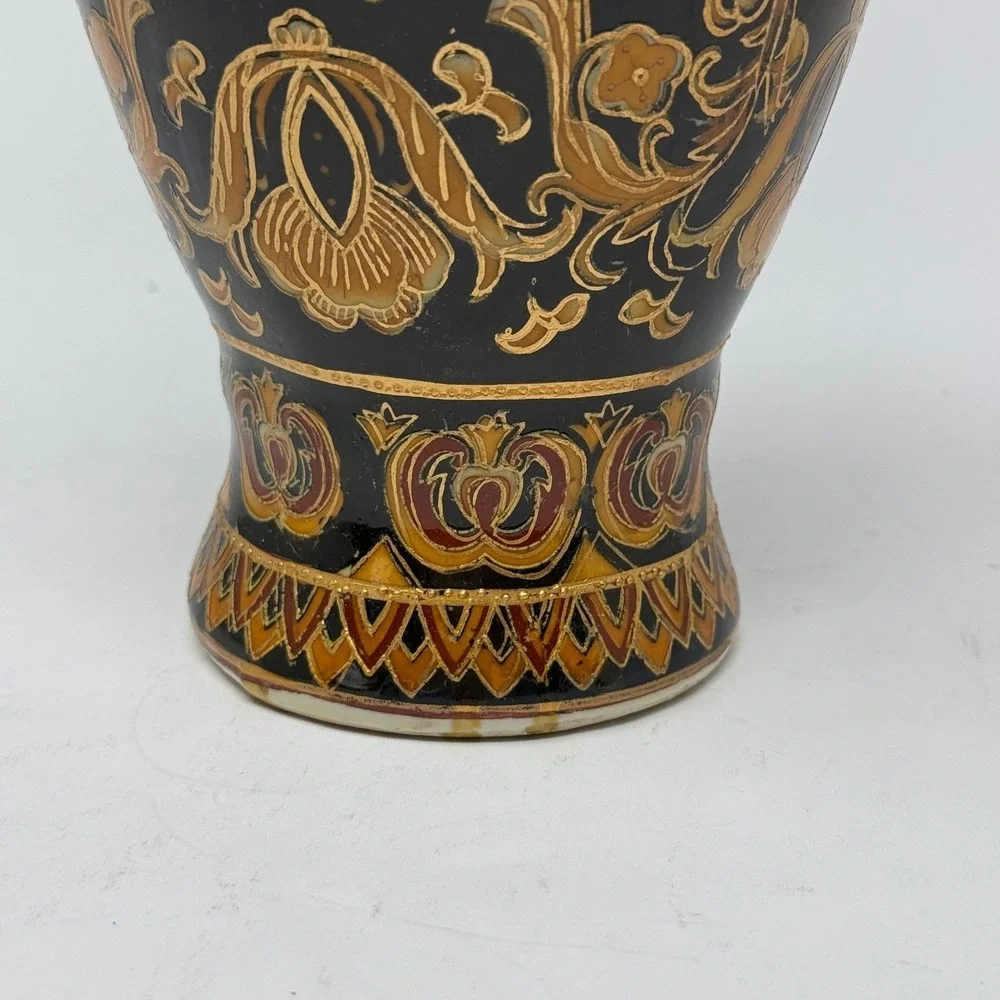 Vintage‎ Chinese Vase Black Gold French Phoenix Crest Floral Chinoiserie 11